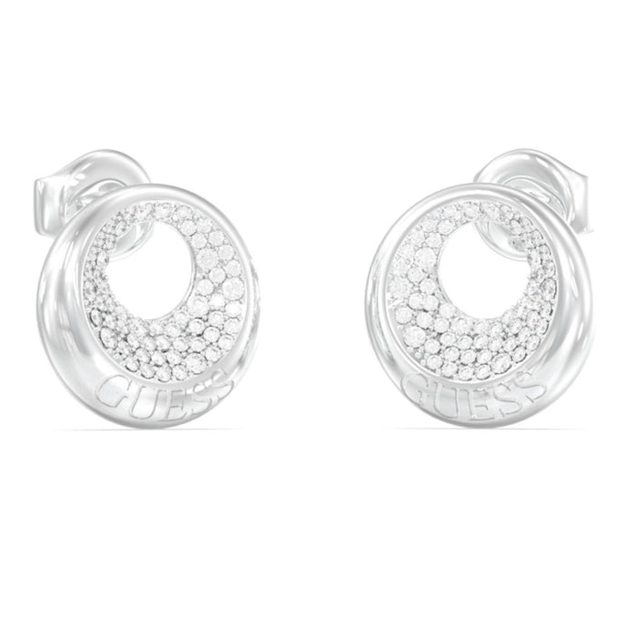 Γυναικεία σκουλαρίκια Guess Moon Drops JUBE06247JWRHT-U από ανοξείδωτο ατσάλι με λευκά ζιργκόν.