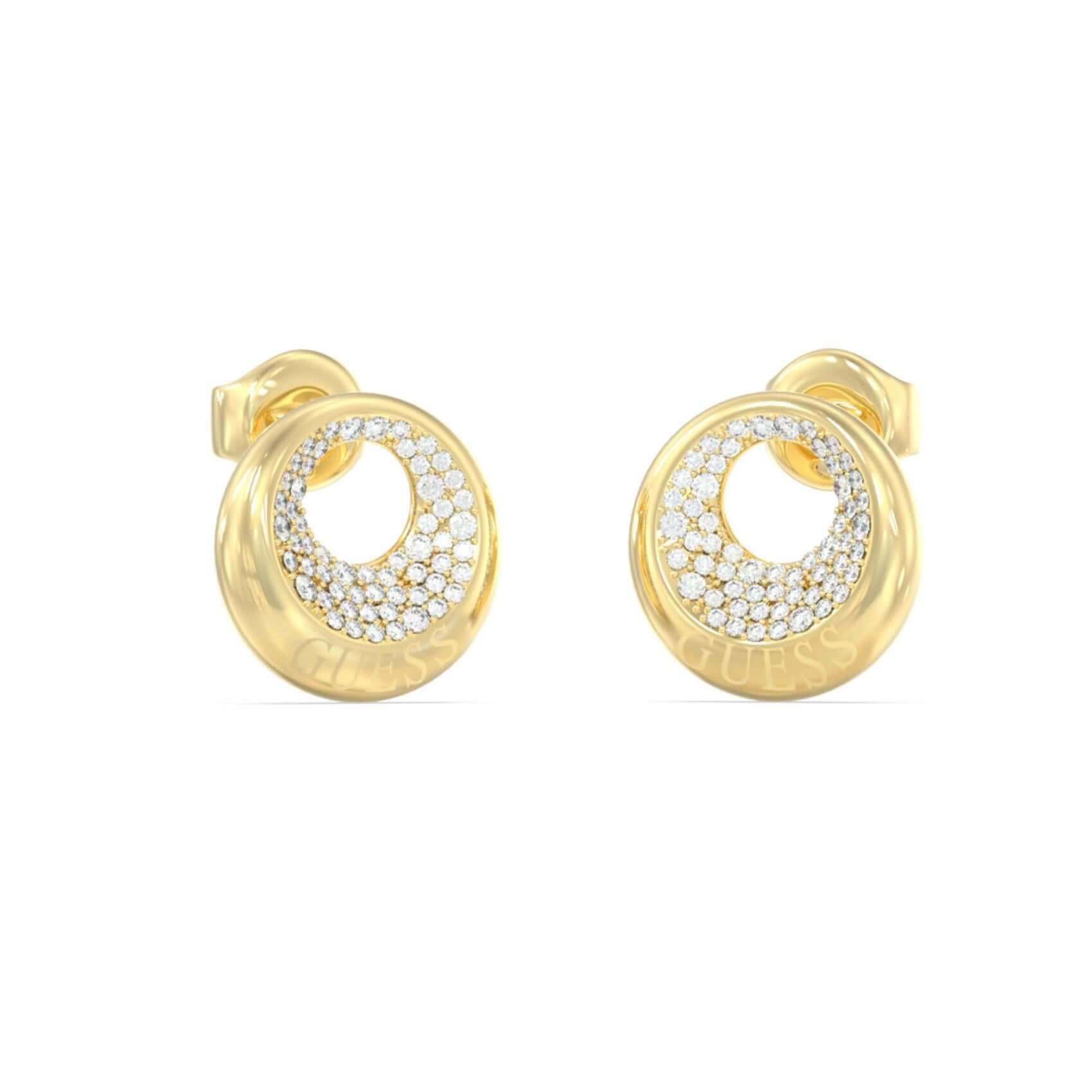 Γυναικεία σκουλαρίκια Guess Moon Drops JUBE06247JWYGT/U από ανοξείδωτο ατσάλι σε χρυσό χρώμα με ζιργκόν και λογότυπο Guess.