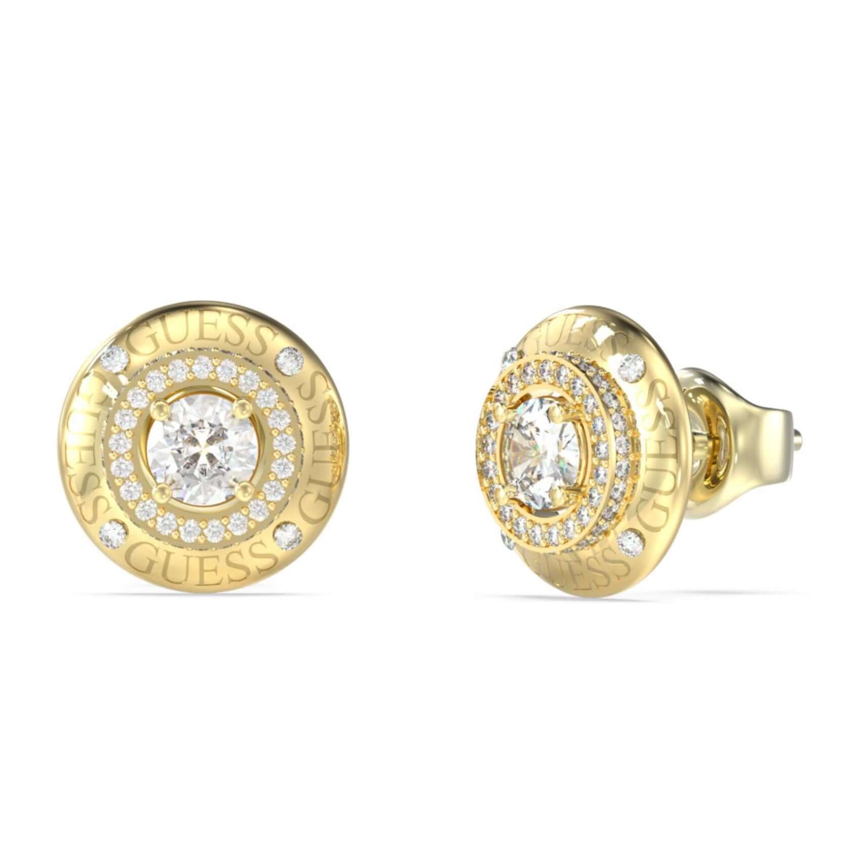 Γυναικεία σκουλαρίκια Guess Sparks JUBE06289JWYGT/U από ανοξείδωτο ατσάλι σε χρυσό χρώμα με λευκά ζιργκόν.