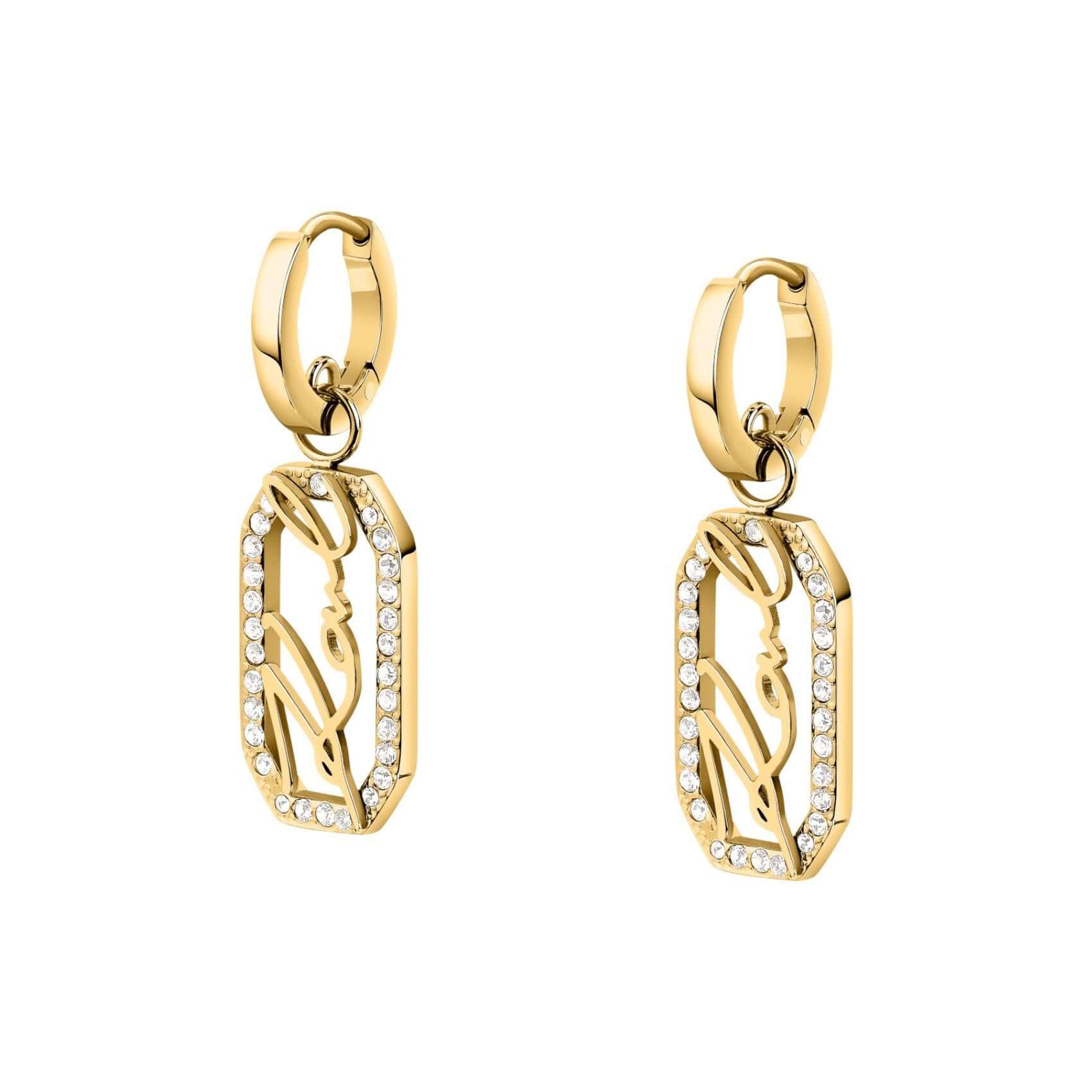 Γυναικεία σκουλαρίκια Karl Lagerfeld Crystals KLAYC45 σε διαγώνια λήψη από ανοξείδωτο ατσάλι σε χρυσό χρώμα με ζιργκόν.