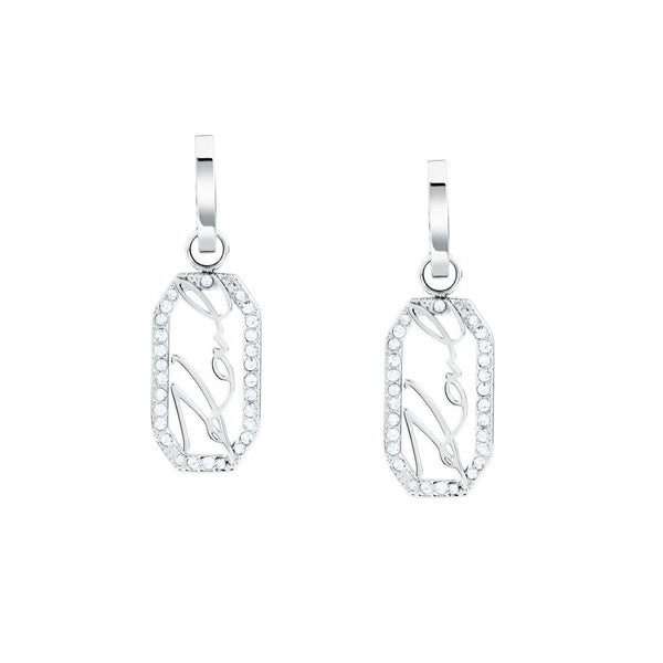 Γυναικεία σκουλαρίκια Karl Lagerfeld Crystals KLAYC46 από ανοξείδωτο ατσάλι σε ασημί χρώμα με ζιργκόν και λογότυπο.