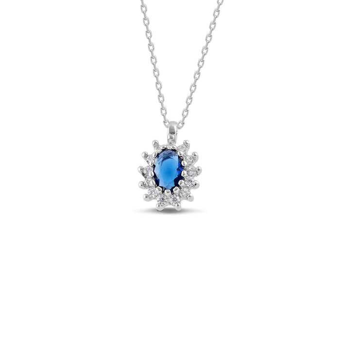 Ασημένιο κολιέ SNL013 με ασημί ροζέτα οβάλ, μπλε κεντρική πέτρα και στεφάνι ζιργκόν, ασήμι 925, 45-50cm.