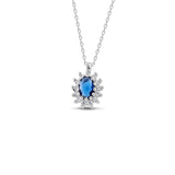 Ασημένιο κολιέ SNL013 με ασημί ροζέτα οβάλ, μπλε κεντρική πέτρα και στεφάνι ζιργκόν, ασήμι 925, 45-50cm.