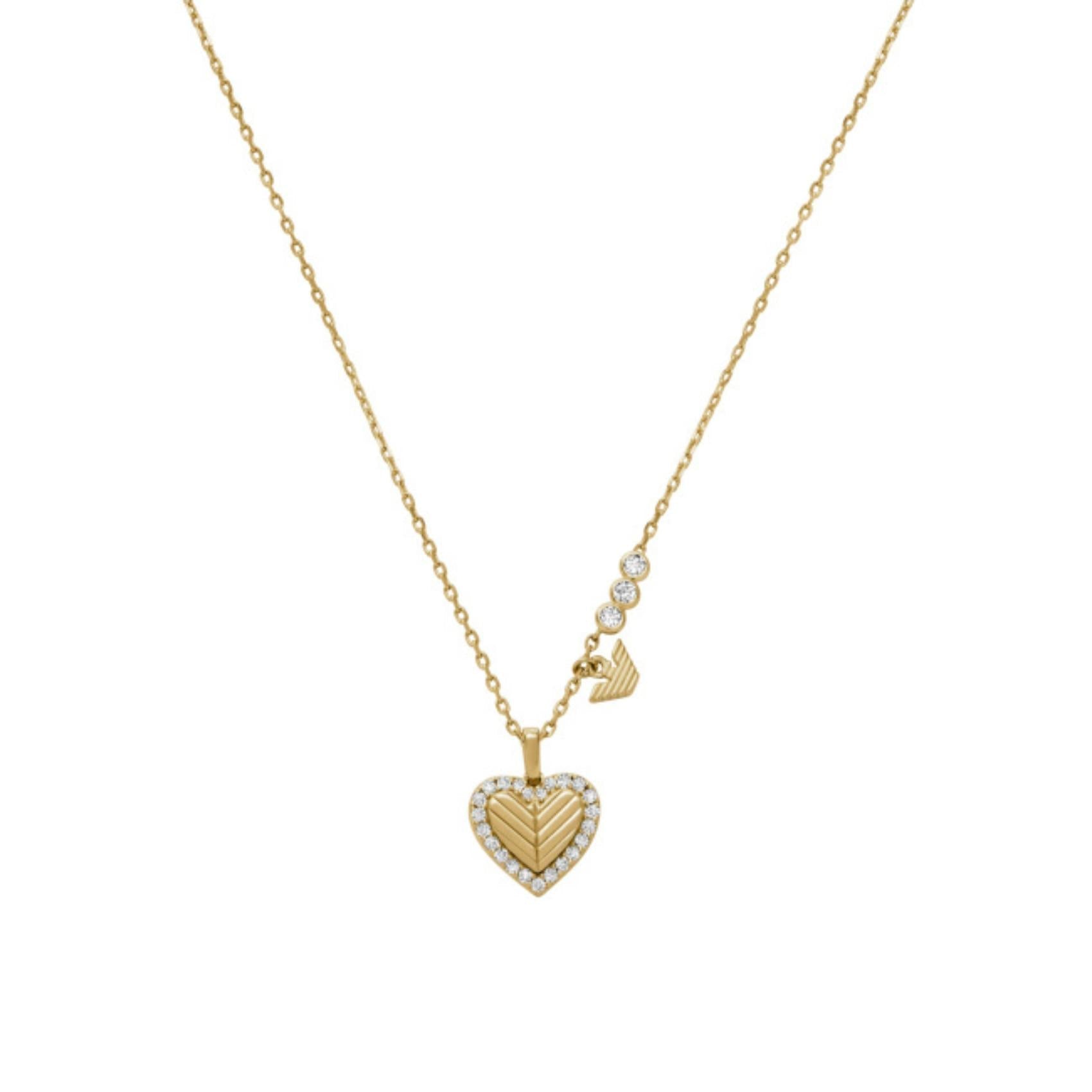 Λεπτομέρεια από το γυναικείο κολιέ Emporio Armani Sentimental EG3622710 με κρεμαστό καρδιά και λευκά ζιργκόν σε χρυσό χρώμα.