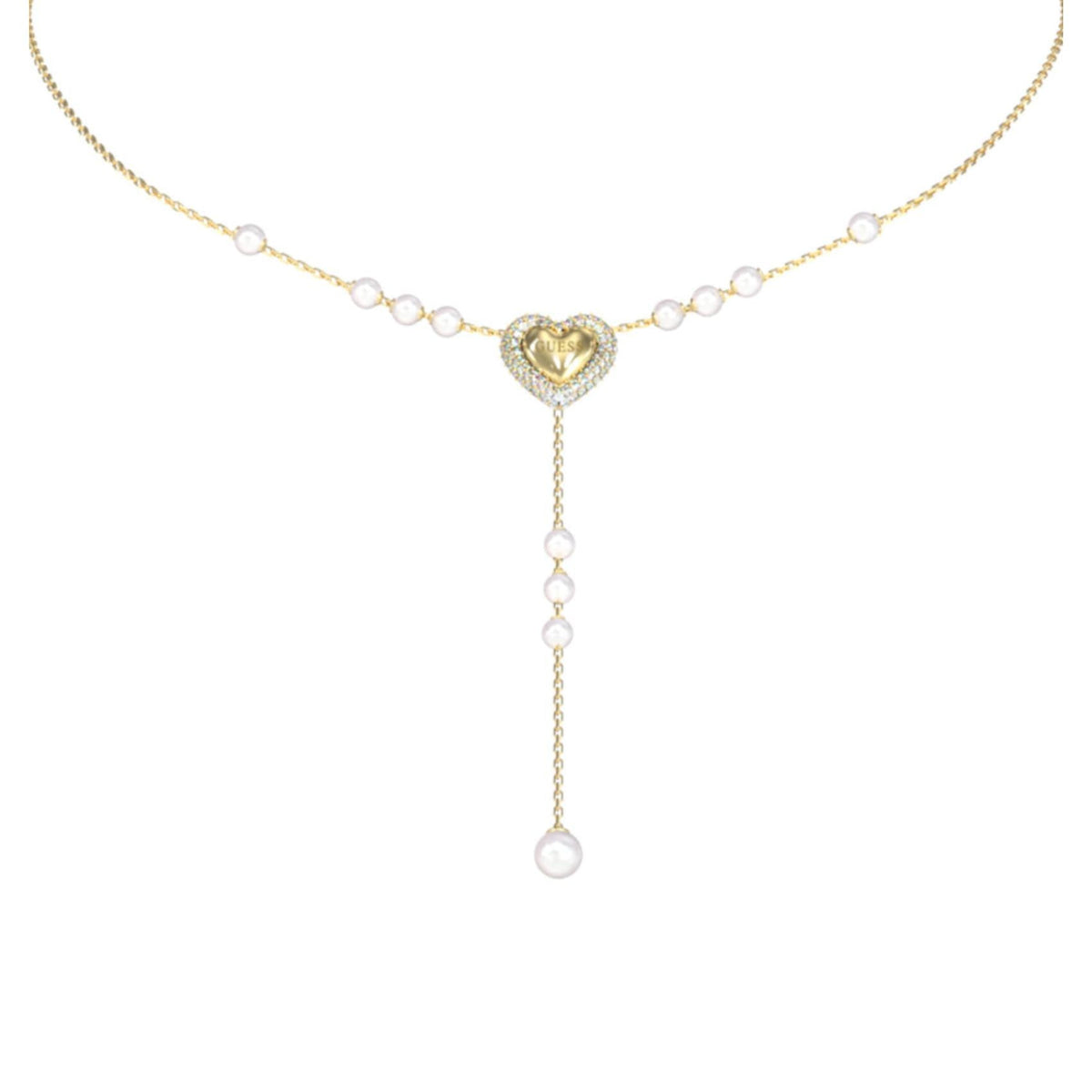Λεπτομέρεια από το γυναικείο κολιέ Guess Beloved JUBN06007JWYGT/U σε χρυσό χρώμα με καρδιά, πέρλες και πέτρες.