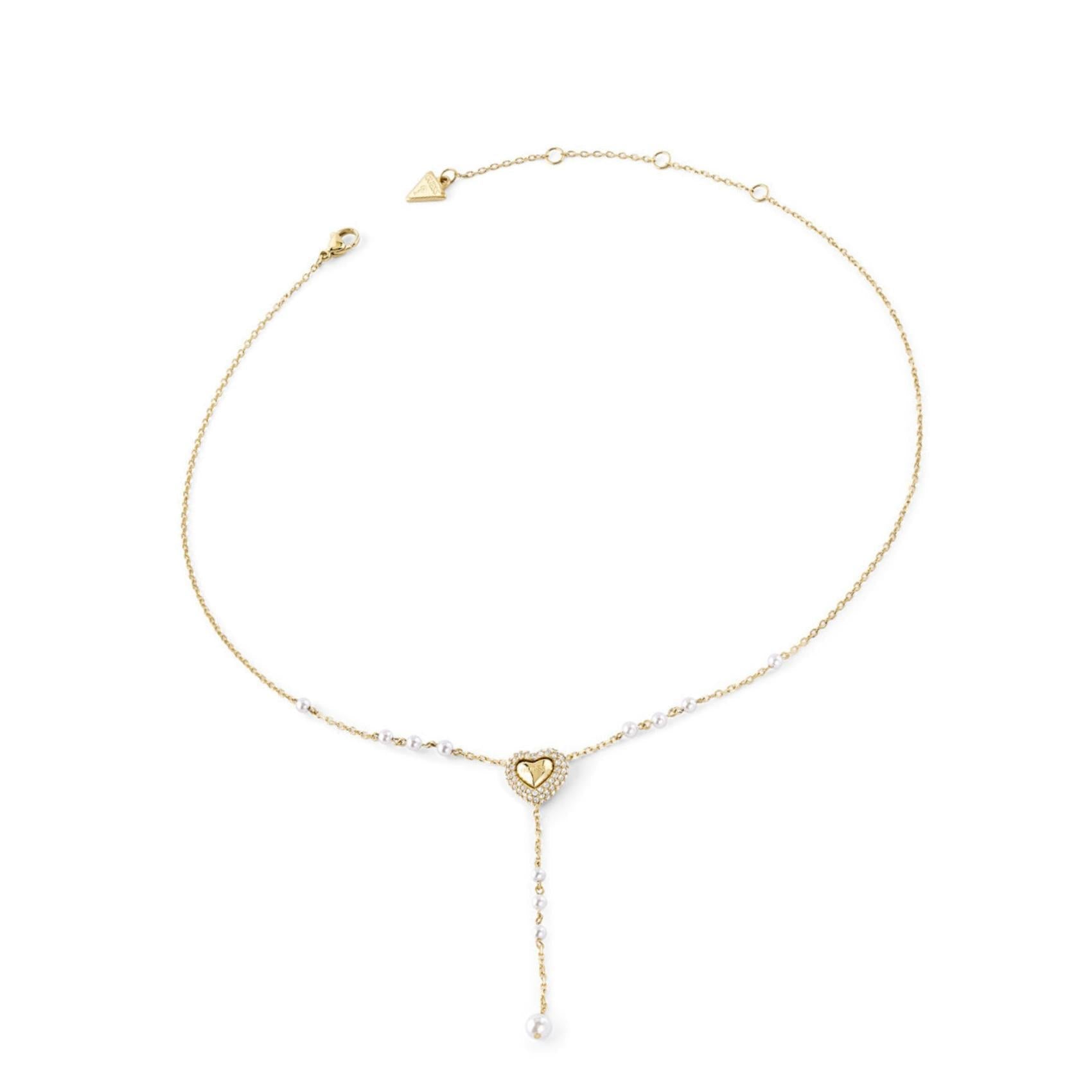 Γυναικείο κολιέ Guess Beloved JUBN06007JWYGT/U σε χρυσό χρώμα με καρδιά, πέρλες και πέτρες.