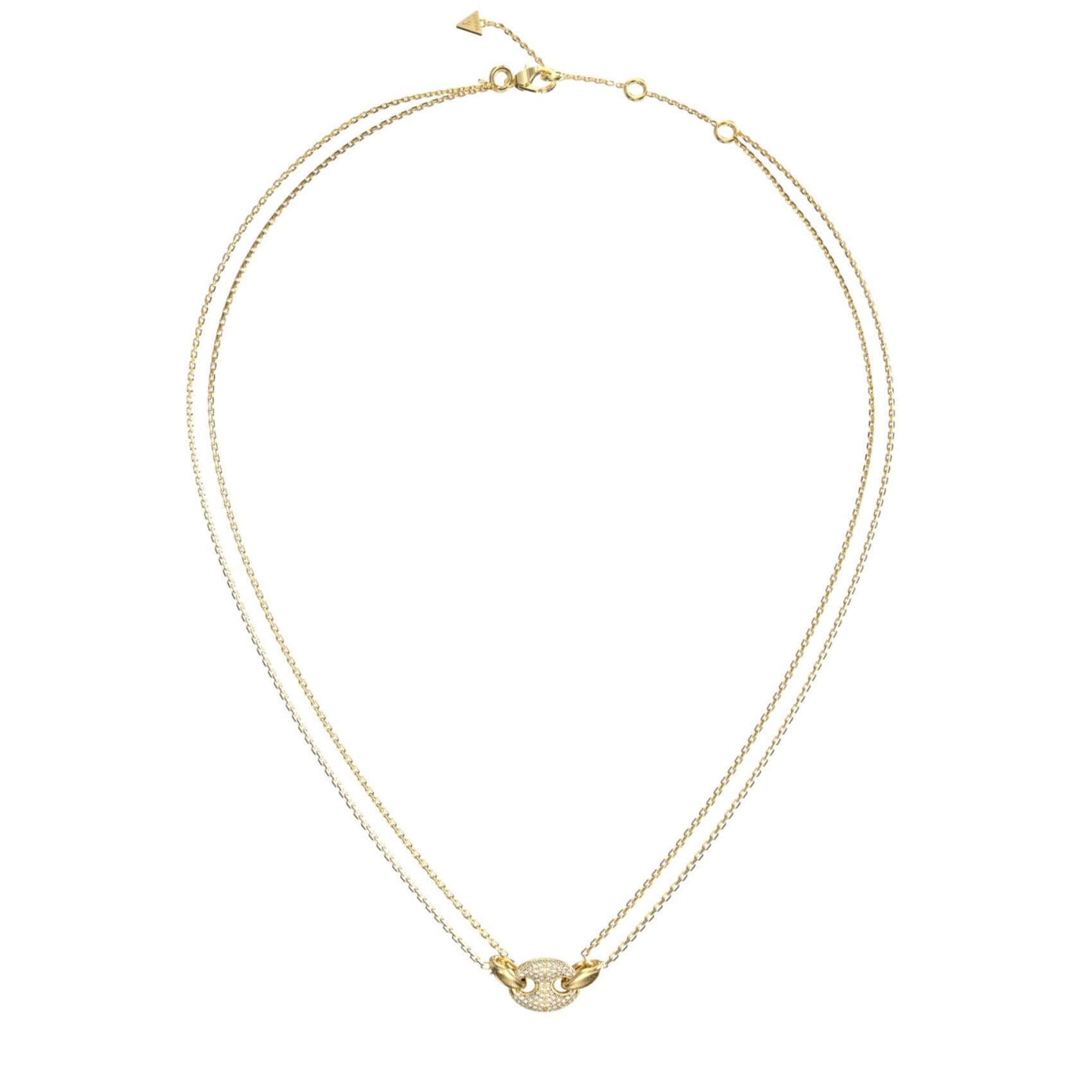 Γυναικείο κολιέ Guess JUBN06220JWYGT/U από ανοξείδωτο ατσάλι σε χρυσό χρώμα με διπλή αλυσίδα και ζιργκόν.