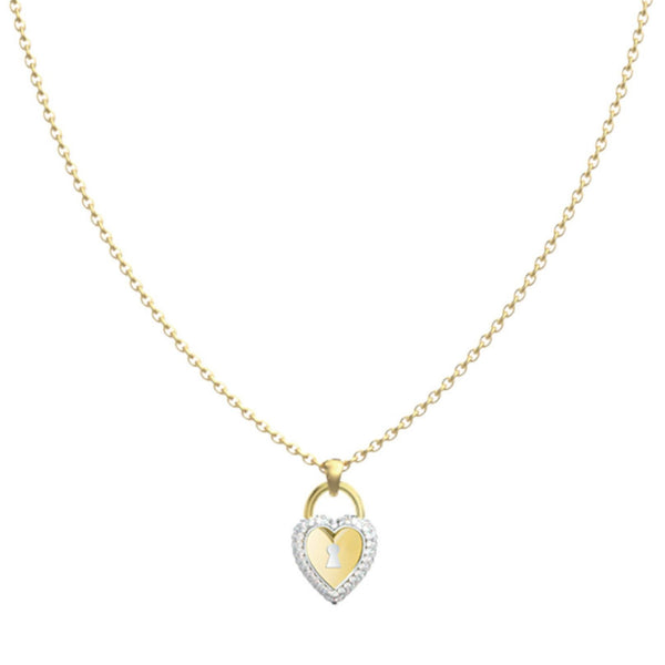 Λεπτομέρεια από το γυναικείο κολιέ Guess Love Bites JUBN06060JWYGRHT/U σε χρυσό χρώμα με δίχρωμη καρδιά, πέτρες και λογότυπο.