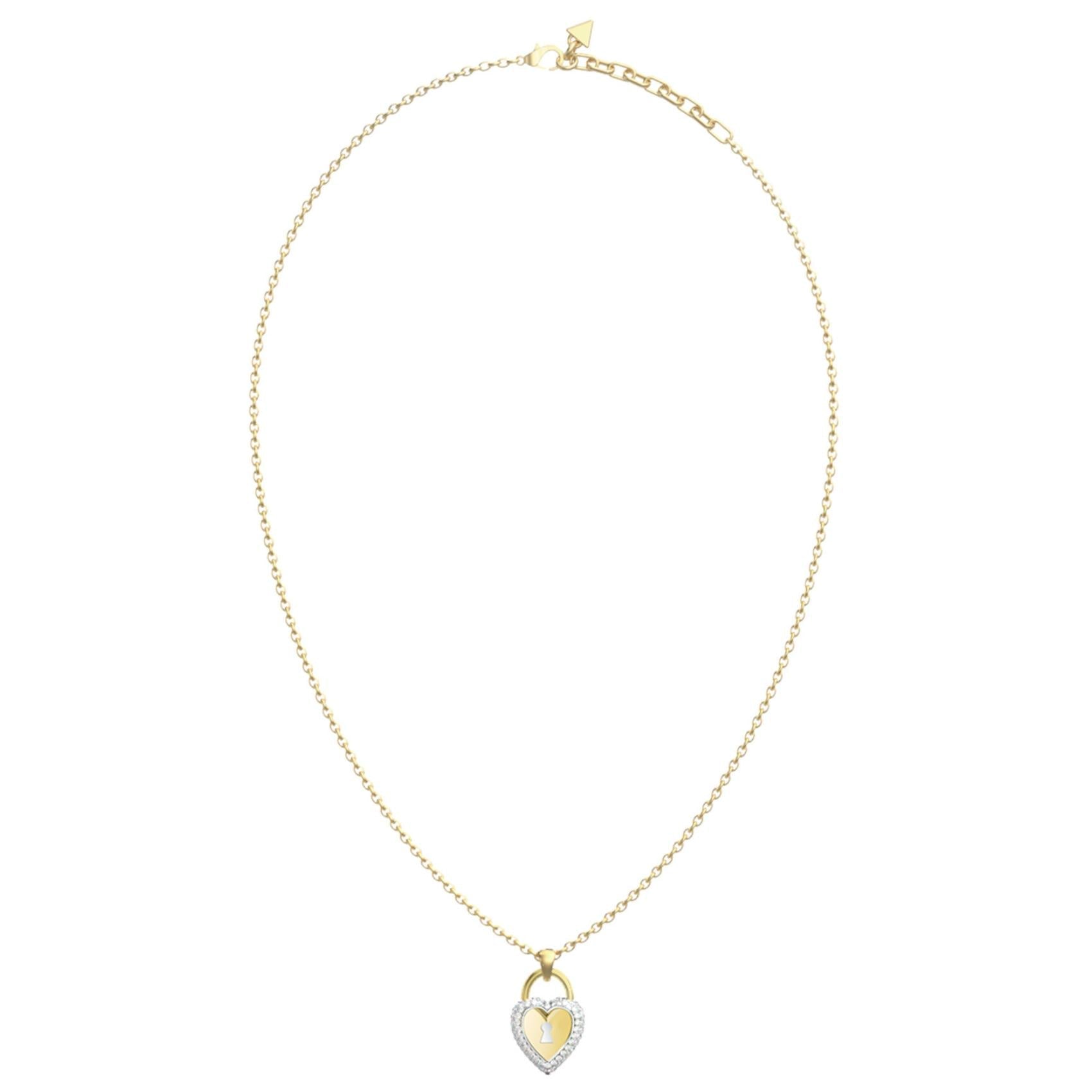 Γυναικείο κολιέ Guess Love Bites JUBN06060JWYGRHT/U σε χρυσό χρώμα με δίχρωμη καρδιά, πέτρες και λογότυπο.