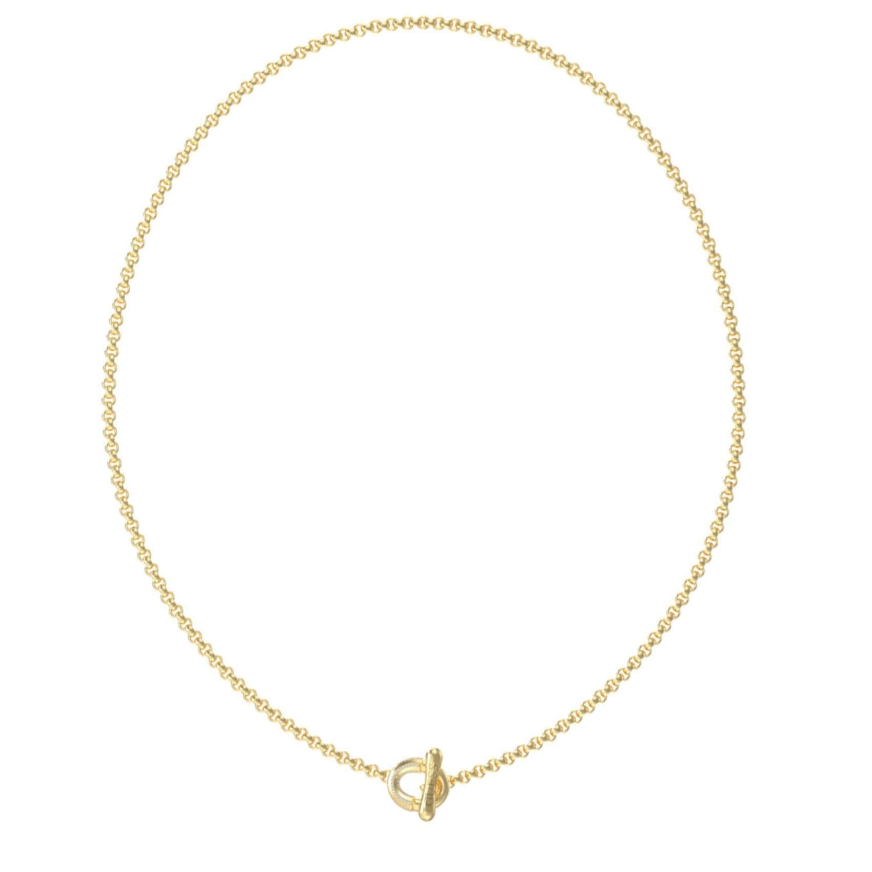 Γυναικείο κολιέ Guess Steel Majorelle JUBN05371JWYGT/U σε χρυσό χρώμα με σχέδιο και λογότυπο.