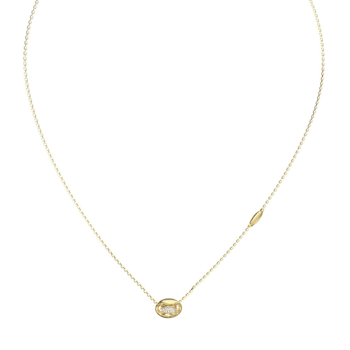 Λεπτομέρεια από το γυναικείο κολιέ Guess Marina JUBN06223JWYGT/U από ανοξείδωτο ατσάλι σε χρυσό χρώμα με ζιργκόν.
