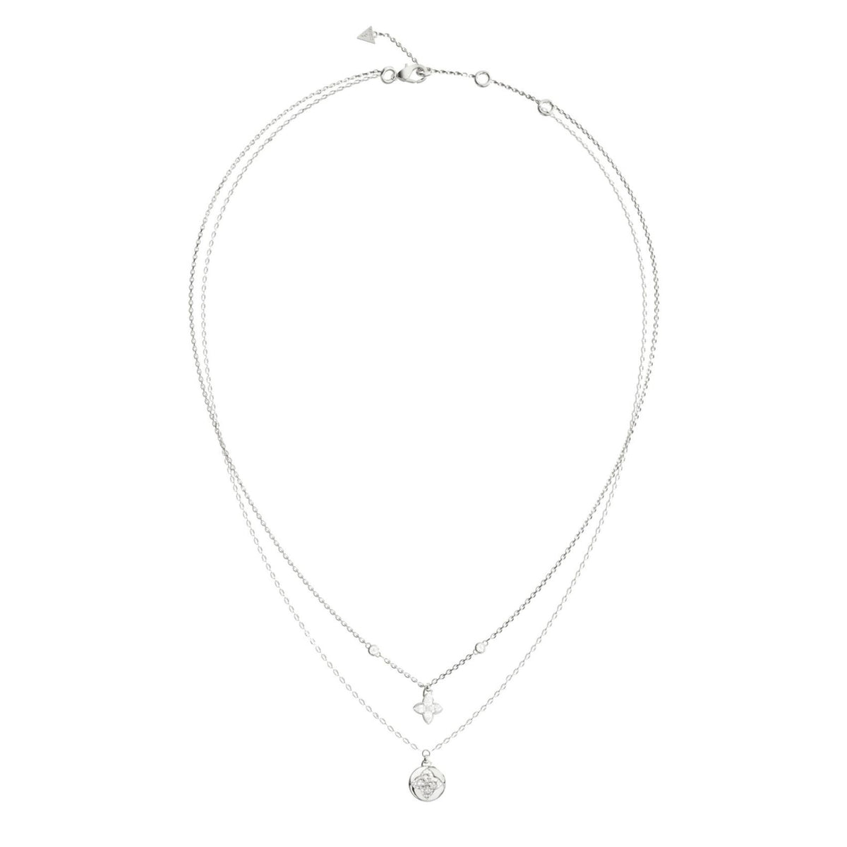 Γυναικείο κολιέ Guess Spinning Bloom JUBN06468JWRHT/U ασημί με διπλή αλυσίδα και πέτρες