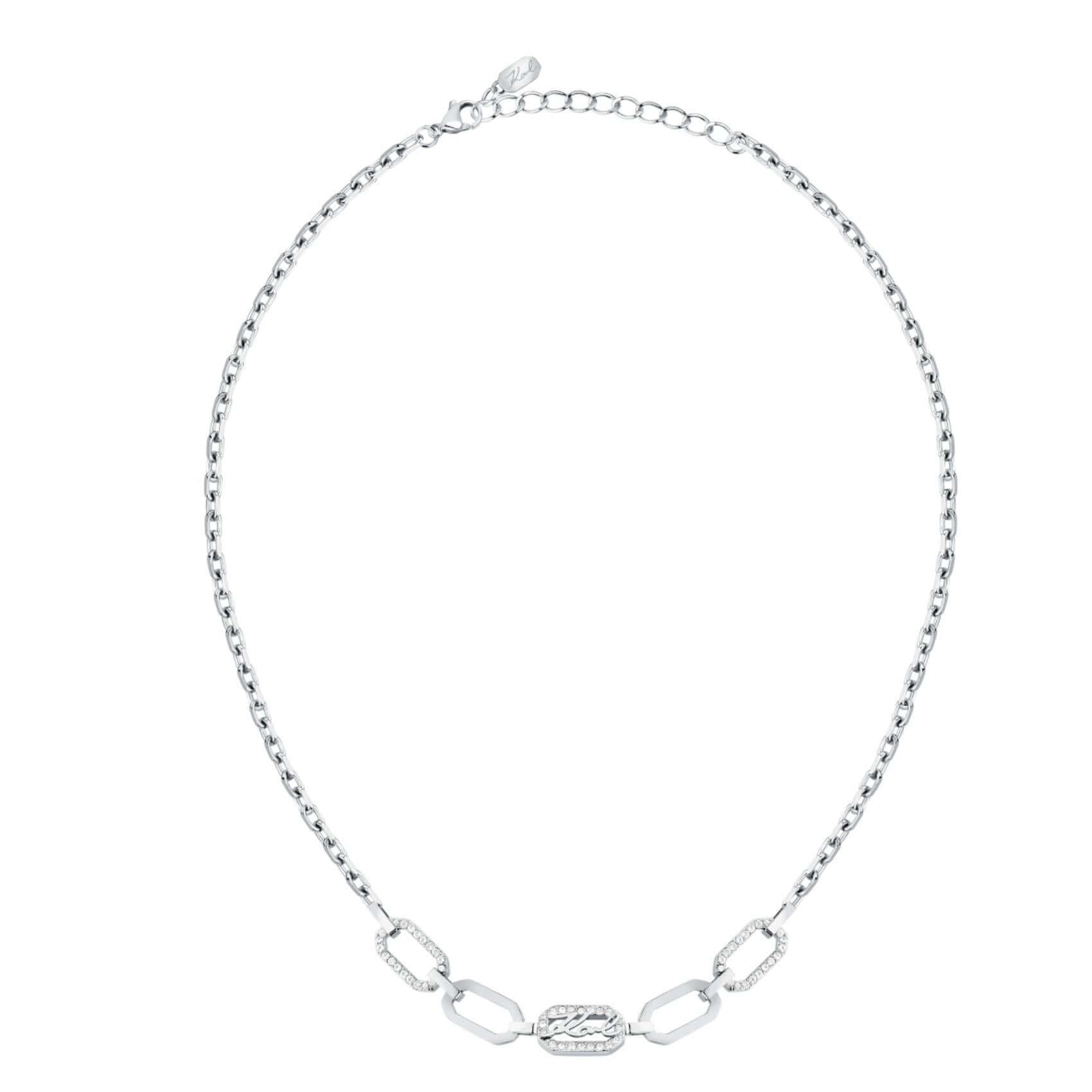 Γυναικείο κολιέ Karl Lagerfeld Crystals KLAYC14 ολόκληρο από ανοξείδωτο ατσάλι σε ασημί χρώμα με λευκές πέτρες και λογότυπο.
