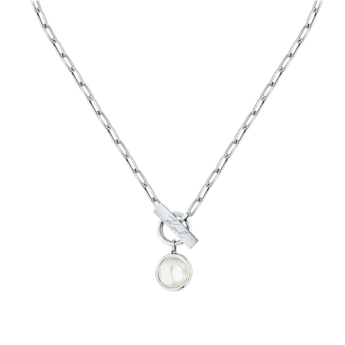 Γυναικείο κολιέ Karl Lagerfeld Pearl KLAYR04 σε λεπτομέρεια από ανοξείδωτο ατσάλι σε ασημί χρώμα με λευκή πέρλα.