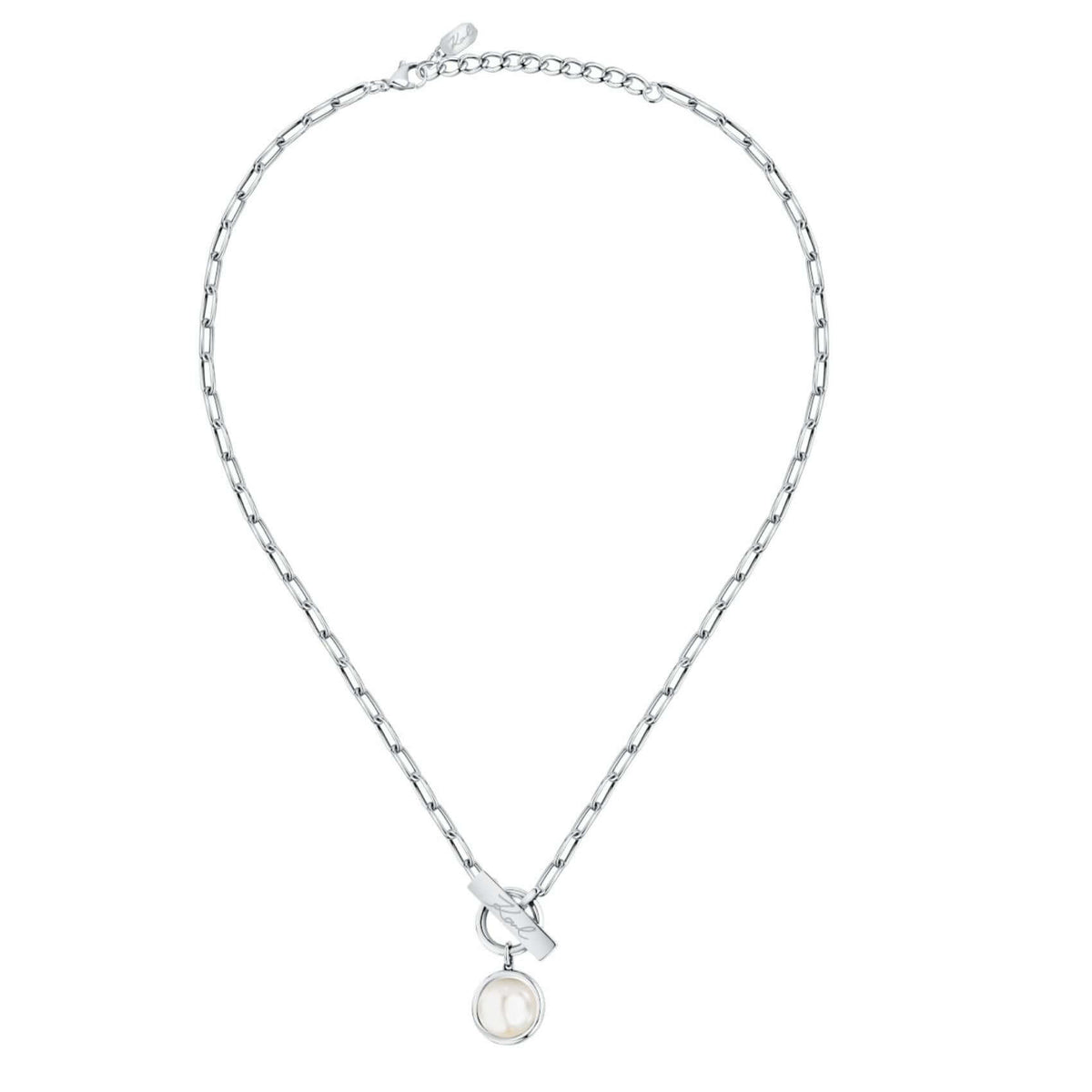 Γυναικείο κολιέ Karl Lagerfeld Pearl KLAYR04 ολόκληρο από ανοξείδωτο ατσάλι σε ασημί χρώμα με λευκή πέρλα.