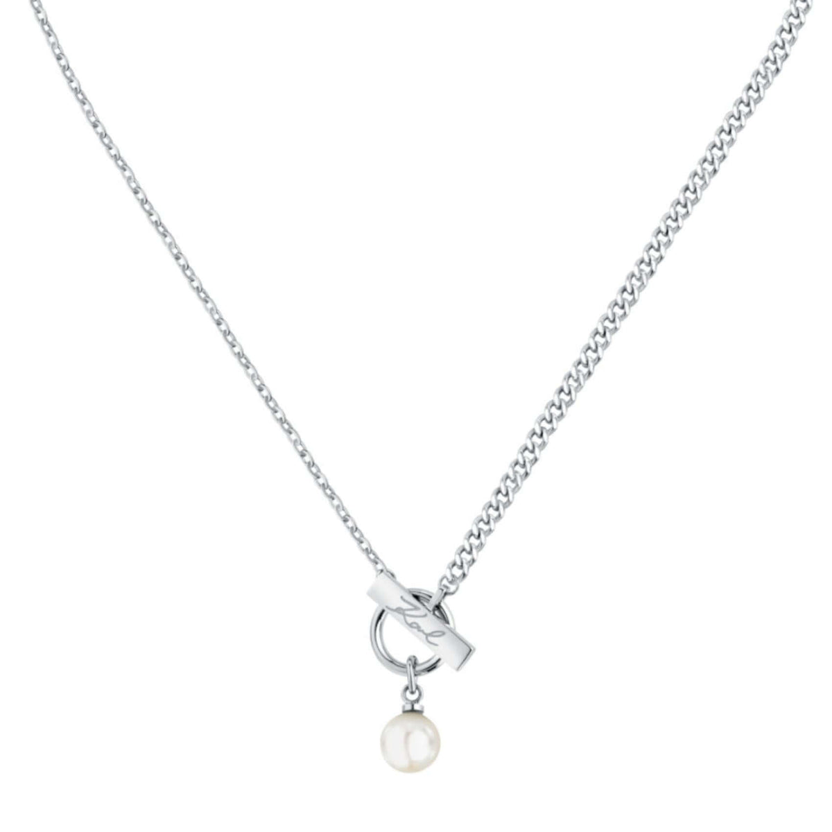 Γυναικείο κολιέ Karl Lagerfeld Pearl KLAYR05 σε λεπτομέρεια από ανοξείδωτο ατσάλι σε ασημί χρώμα με πέρλα.