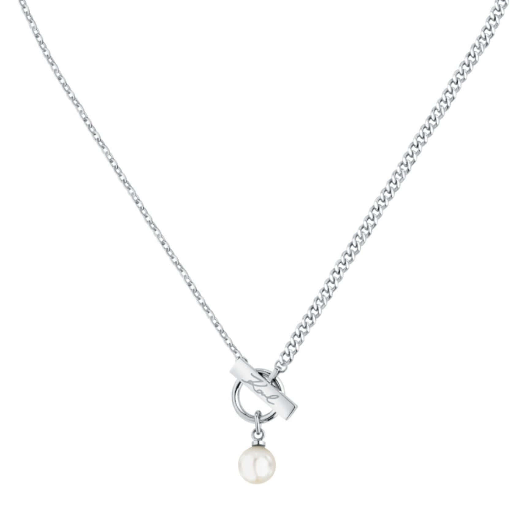 Γυναικείο κολιέ Karl Lagerfeld Pearl KLAYR05 σε λεπτομέρεια από ανοξείδωτο ατσάλι σε ασημί χρώμα με πέρλα.