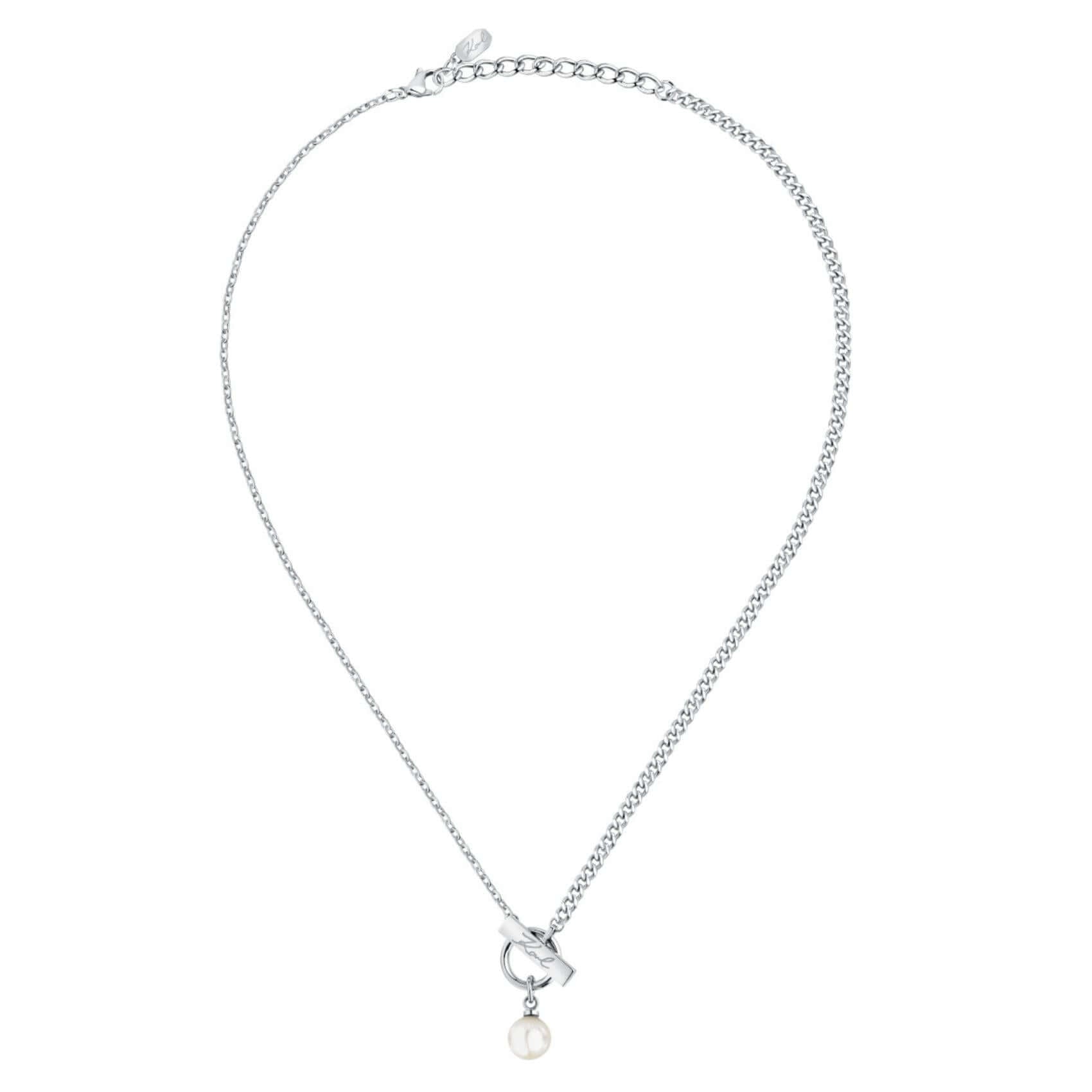 Γυναικείο κολιέ Karl Lagerfeld Pearl KLAYR05 ολόκληρο από ανοξείδωτο ατσάλι σε ασημί χρώμα με πέρλα.
