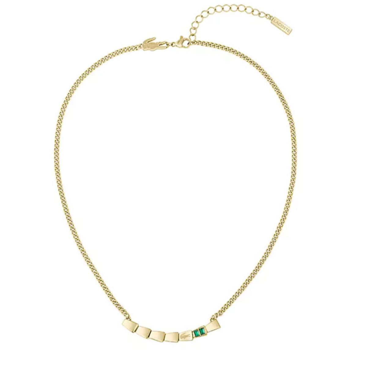 Γυναικείο κολιέ Lacoste Crocodile 2040583 από ανοξείδωτο ατσάλι σε χρυσό χρώμα με γεωμετρικά στοιχεία και πράσινο ζιργκόν.