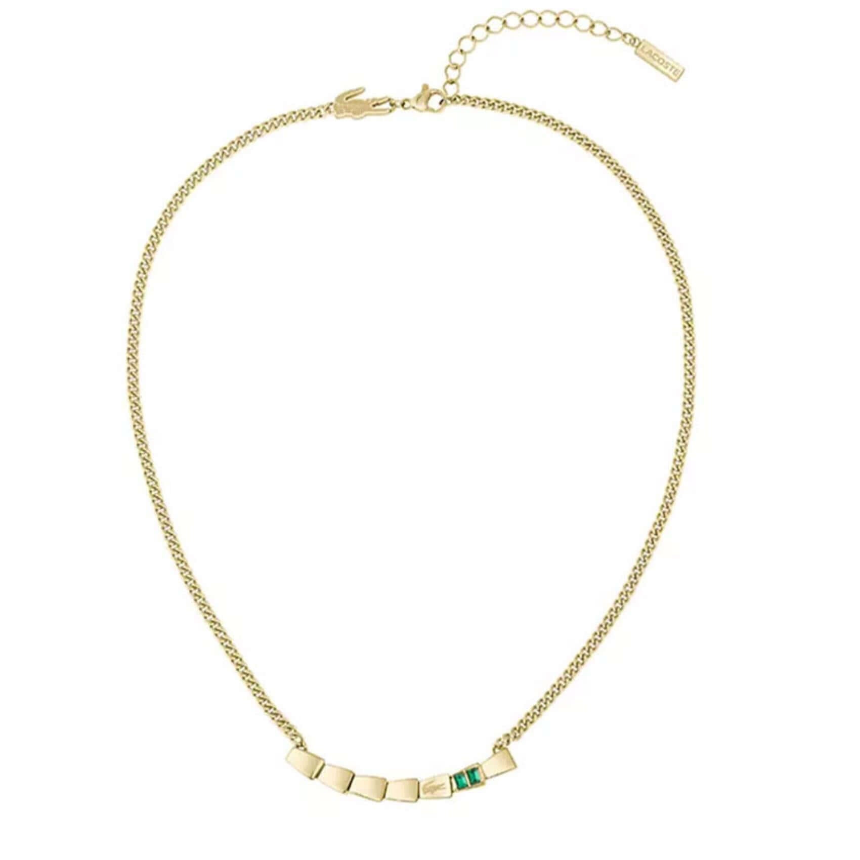 Γυναικείο κολιέ Lacoste Crocodile 2040583 από ανοξείδωτο ατσάλι σε χρυσό χρώμα με γεωμετρικά στοιχεία και πράσινο ζιργκόν.