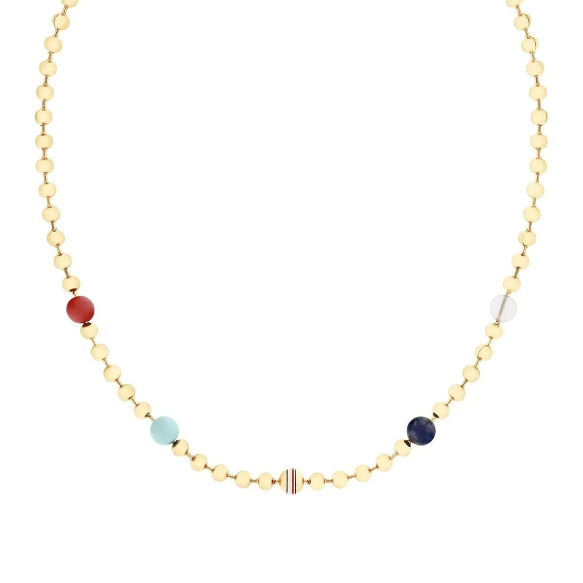 Λεπτομέρεια χρυσού ατσάλινου κολιέ Tommy Hilfiger 2781039 με λείες και πολύχρωμες ματ χάντρες