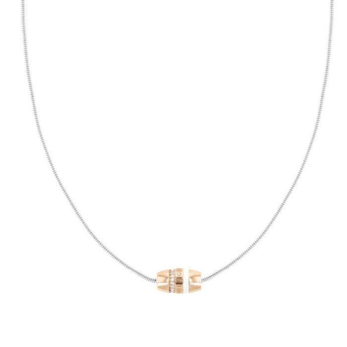 Λεπτομέρεια κολιέ Tommy Hilfiger 2780618 μήκους 40–50 cm, με ροζ χρυσό κρεμαστό και ζιργκόν.