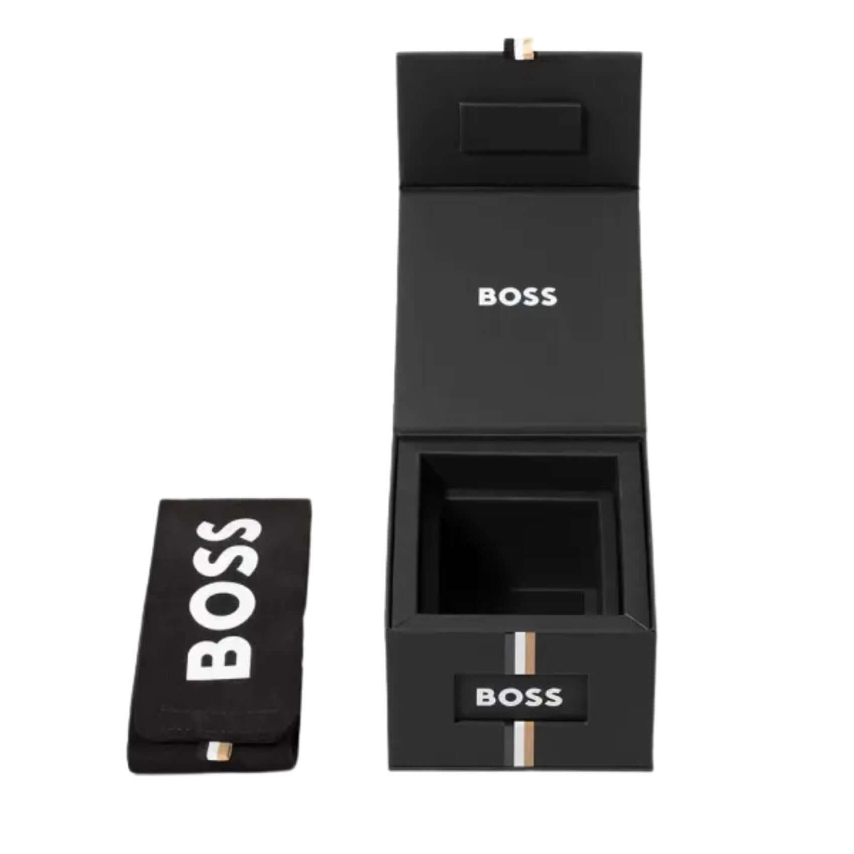 Γυναικείο ρολόι Boss Graceful Mina 1502840 σε συσκευασία δώρου με ασημί μπρασελέ και ασημί καντράν.