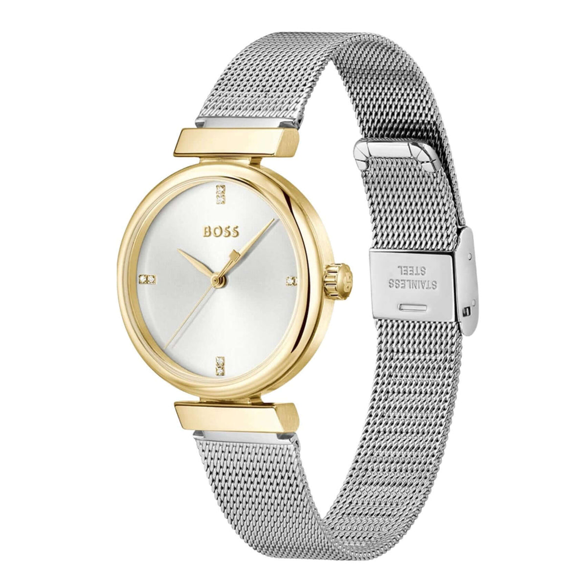 Ασημί καντράν 32mm του γυναικείου ρολογιού Boss Rosehill 1502853 με χρυσούς δείκτες και ορυκτό κρύσταλλο ειδικής σκλήρυνσης.