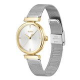 Ασημί καντράν 32mm του γυναικείου ρολογιού Boss Rosehill 1502853 με χρυσούς δείκτες και ορυκτό κρύσταλλο ειδικής σκλήρυνσης.
