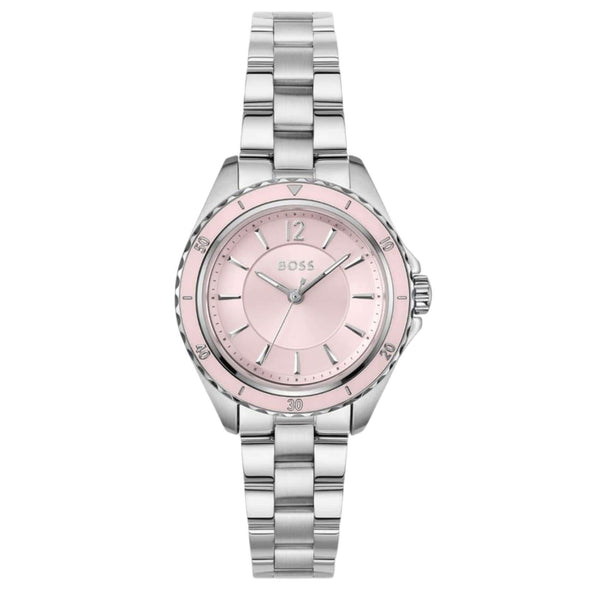 Γυναικείο ρολόι Boss Sage Aqua 1502847 με ασημί μπρασελέ από ανοξείδωτο ατσάλι, ροζ καντράν 30mm και ασημί λεπτομέρειες.