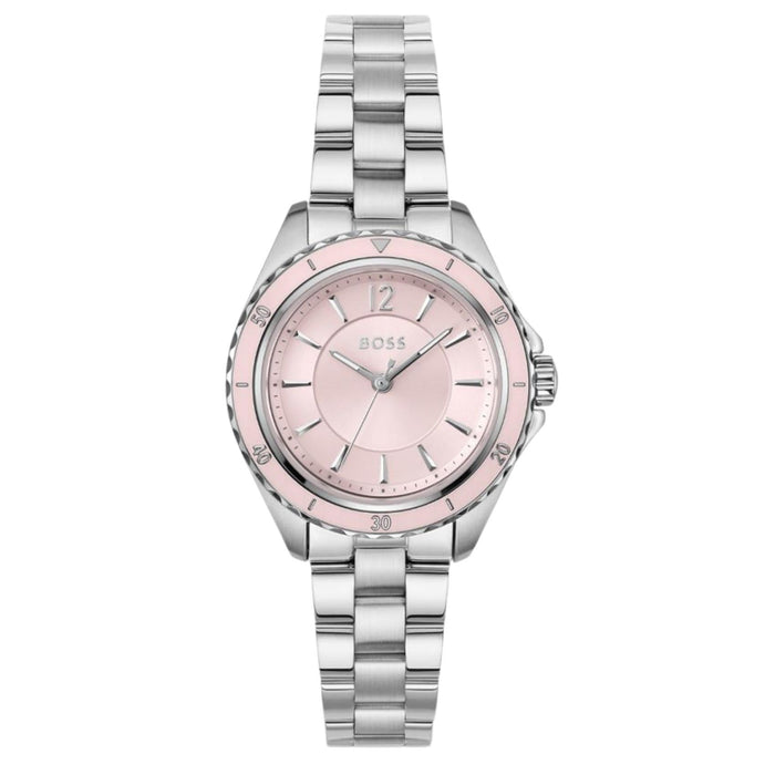 Γυναικείο ρολόι Boss Sage Aqua 1502847 με ασημί μπρασελέ από ανοξείδωτο ατσάλι, ροζ καντράν 30mm και ασημί λεπτομέρειες.