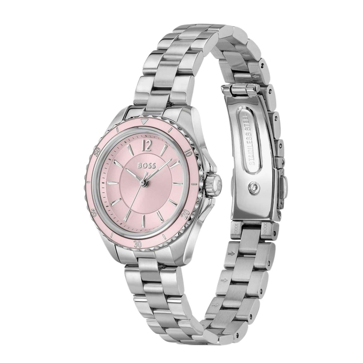 Ροζ καντράν 30mm του γυναικείου ρολογιού Boss Sage Aqua 1502847 με ασημί λεπτομέρειες και ορυκτό κρύσταλλο ειδικής σκλήρυνσης.