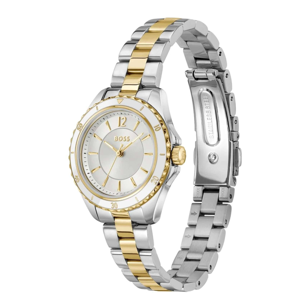 Ασημί καντράν 30mm του γυναικείου ρολογιού Boss Sage Aqua 1502848 με χρυσές λεπτομέρειες και ορυκτό κρύσταλλο ειδικής σκλήρυνσης.