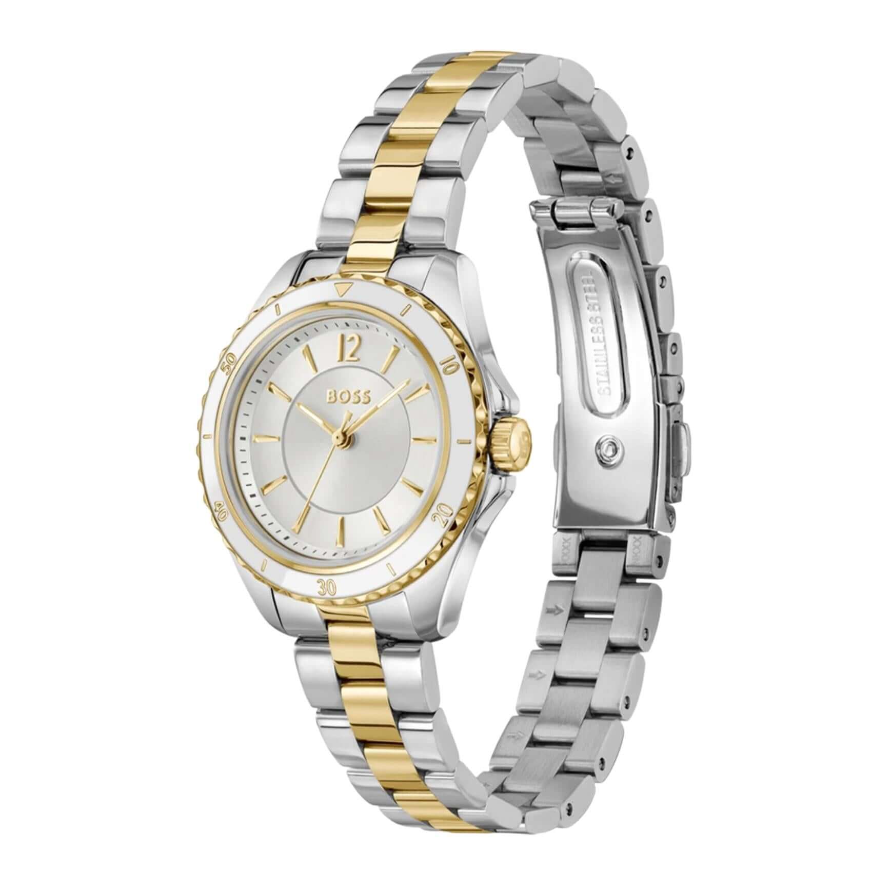 Ασημί καντράν 30mm του γυναικείου ρολογιού Boss Sage Aqua 1502848 με χρυσές λεπτομέρειες και ορυκτό κρύσταλλο ειδικής σκλήρυνσης.