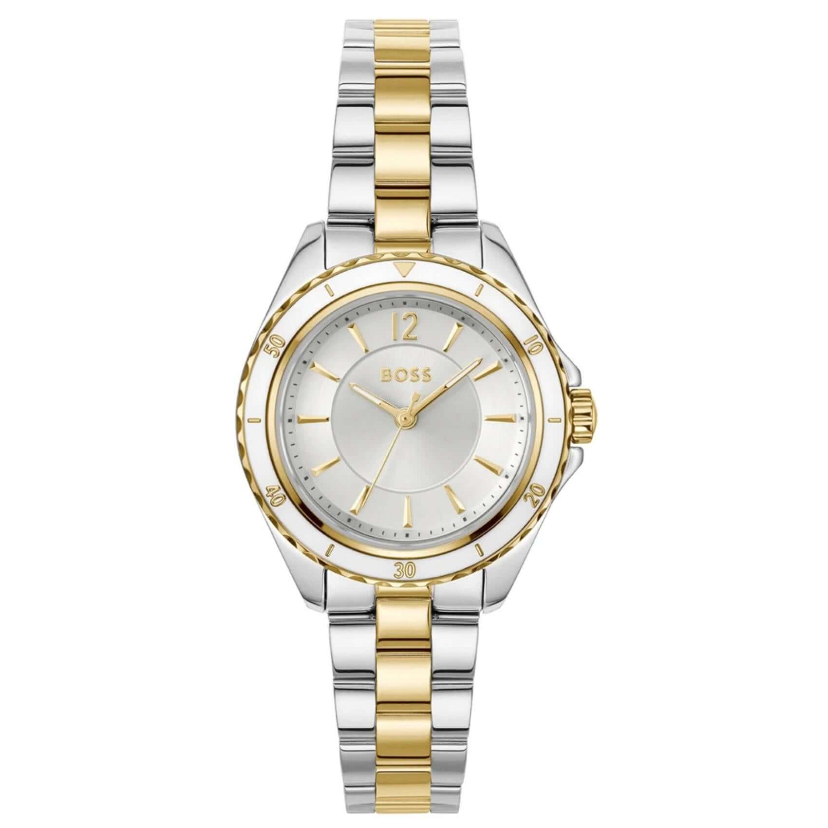 υναικείο ρολόι Boss Sage Aqua 1502848 με δίχρωμο ασημί-χρυσό μπρασελέ από ανοξείδωτο ατσάλι, ασημί καντράν 30mm και χρυσές λεπτομέρειες.