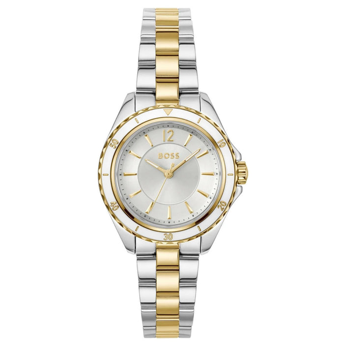 υναικείο ρολόι Boss Sage Aqua 1502848 με δίχρωμο ασημί-χρυσό μπρασελέ από ανοξείδωτο ατσάλι, ασημί καντράν 30mm και χρυσές λεπτομέρειες.