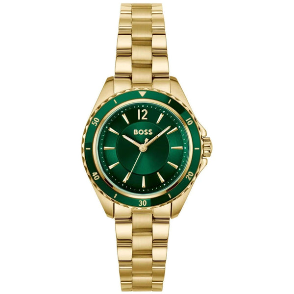 Γυναικείο ρολόι Boss Sage Aqua 1502849 με χρυσό μπρασελέ από ανοξείδωτο ατσάλι, πράσινο καντράν 30mm και χρυσές λεπτομέρειες.