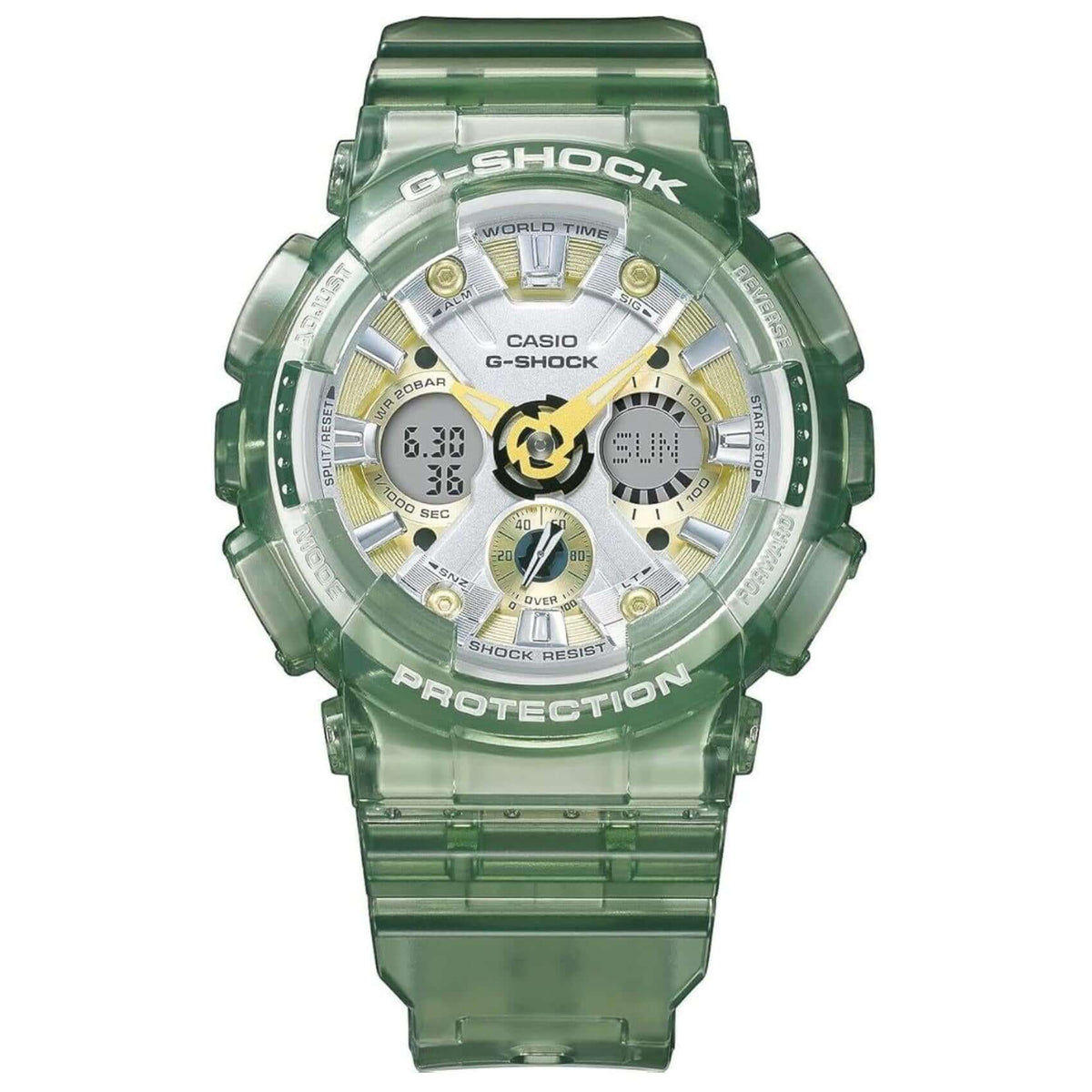 Γυναικείο ρολόι Casio G-SHOCK GMA-S120GS-3AER με πράσινο καουτσούκ λουράκι και στρογγυλό αναλογικό-ψηφιακό καντράν 45.9 mm.
