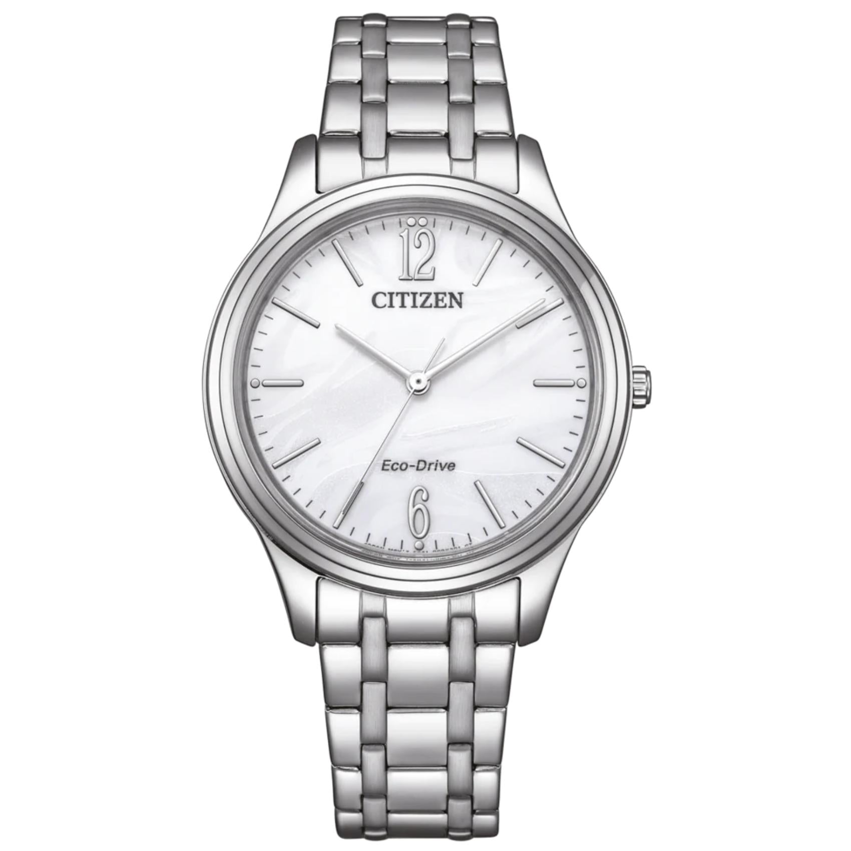Γυναικείο ρολόι Citizen EM0411-71A με ασημί μπρασελέ και λευκό φίλντισι καντράν