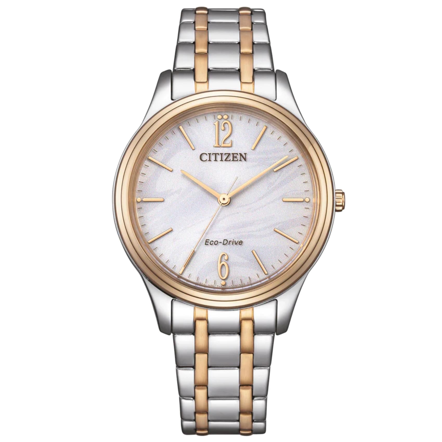 Γυναικείο ρολόι Citizen EM0416-78A με ασημί-ροζ χρυσό μπρασελέ και λευκό φίλντισι καντράν