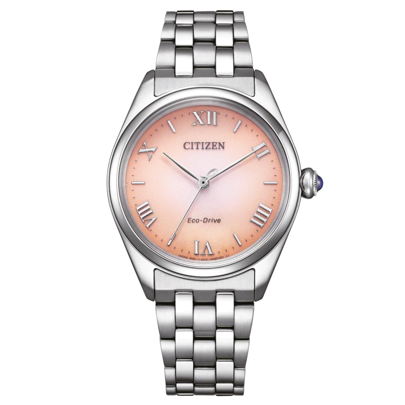Γυναικείο ρολόι Citizen EM1140-80X με ασημί μπρασελέ και ροζ καντράν