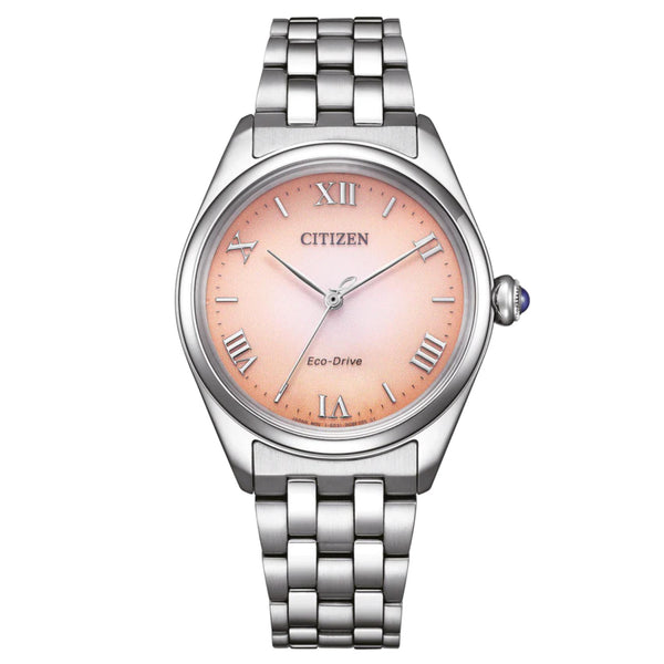 Γυναικείο ρολόι Citizen EM1140-80X με ασημί μπρασελέ και ροζ καντράν