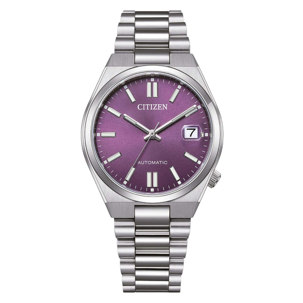 Γυναικείο αυτόματο ρολόι Citizen Tsuyosa NJ0200-50W με ασημί μπρασελέ και μωβ καντράν 37mm με ένδειξη ημερομηνίας.