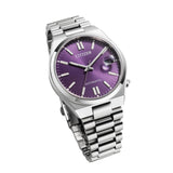 Μωβ καντράν 37mm του γυναικείου ρολογιού Citizen Tsuyosa NJ0200-50W με ένδειξη ημερομηνίας.