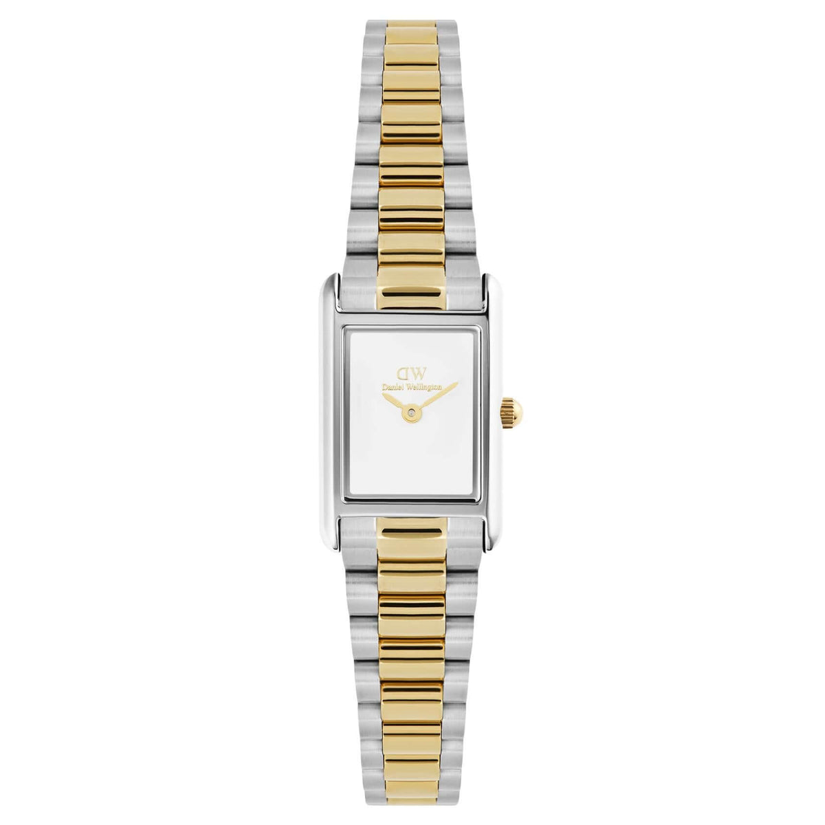 Γυναικείο ρολόι Daniel Wellington Bound Mini 3-Link DW00100932 με δίχρωμο μπρασελέ από ανοξείδωτο ατσάλι σε ασημί και χρυσό χρώμα και λευκό τετράγωνο καντράν μεγέθους 17x26mm.