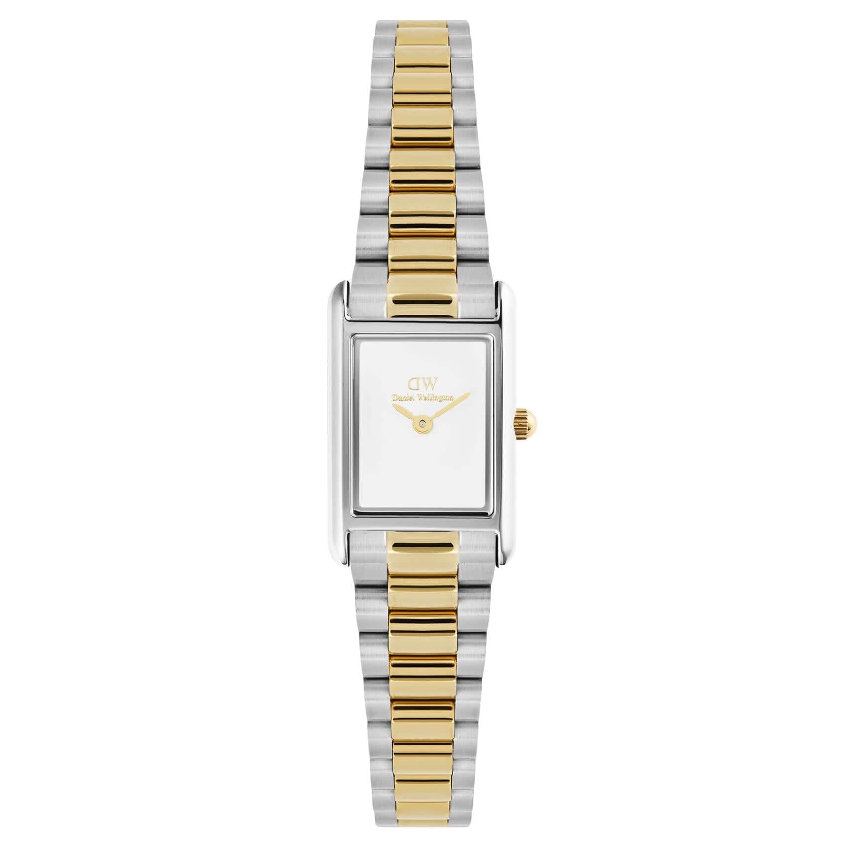 Γυναικείο ρολόι Daniel Wellington Bound Mini 3-Link DW00100932 με δίχρωμο μπρασελέ από ανοξείδωτο ατσάλι σε ασημί και χρυσό χρώμα και λευκό τετράγωνο καντράν μεγέθους 17x26mm.