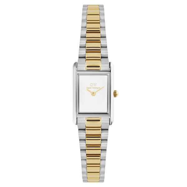 Γυναικείο ρολόι Daniel Wellington Bound Mini 3-Link DW00100932 με δίχρωμο μπρασελέ από ανοξείδωτο ατσάλι σε ασημί και χρυσό χρώμα και λευκό τετράγωνο καντράν μεγέθους 17x26mm.