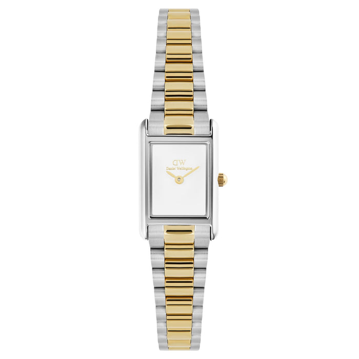Γυναικείο ρολόι Daniel Wellington Bound Mini 3-Link DW00100932 με δίχρωμο μπρασελέ από ανοξείδωτο ατσάλι σε ασημί και χρυσό χρώμα και λευκό τετράγωνο καντράν μεγέθους 17x26mm.