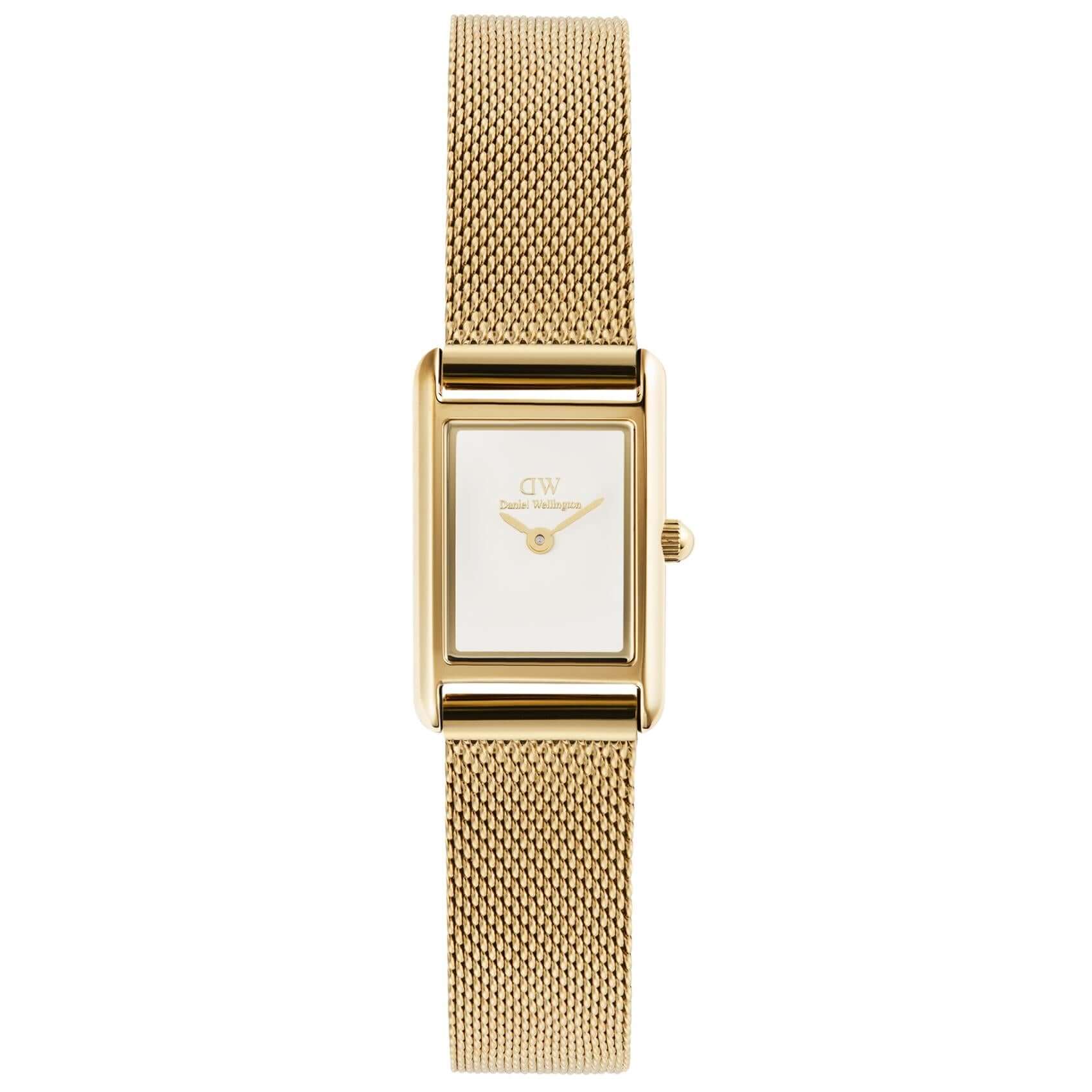 Γυναικείο ρολόι Daniel Wellington Bound Mini Mesh DW00100928 με χρυσό ατσάλινο μπρασελέ και λευκό τετράγωνο καντράν μεγέθους 17x26mm.