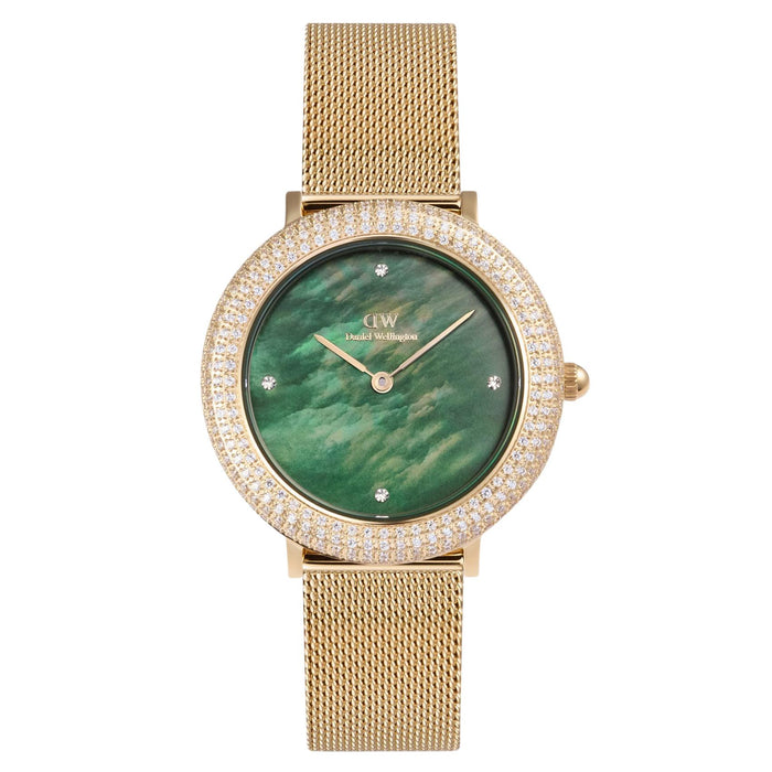 Γυναικείο ρολόι Daniel Wellington Crystalline Bezel Evergold Green DW00100824 με χρυσό μπρασελέ από ανοξείδωτο ατσάλι και πράσινο φίλντισι καντράν διαμέτρου 32mm, διακοσμημένο με ζιργκόν.